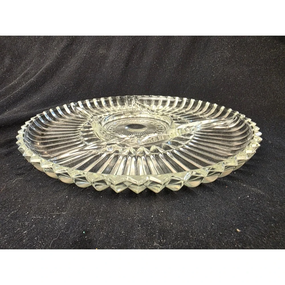 Vintage Clear‎ Pressed Glass Divided Relish Tray 11 Inch Sunburst Sawtooth Edge